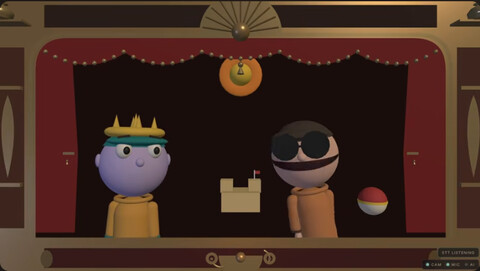 Two 3D hand puppets, one with a crown and one with sunglasses, on a red-curtained puppet stage